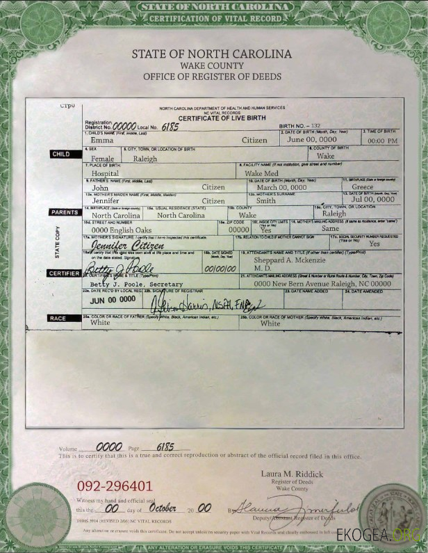 Acte de naissance en Caroline du Nord aux États Unis